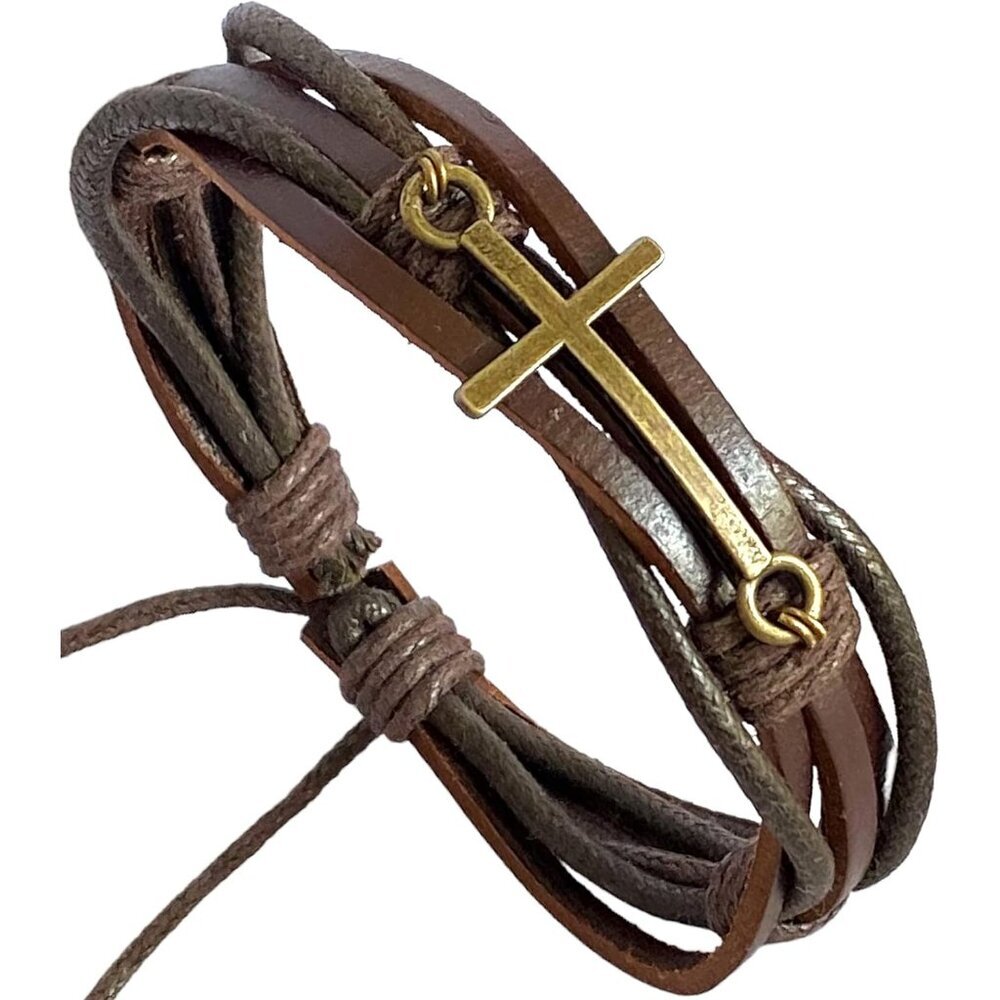 Unisex Brown Braided Leather Cross Faith Jewelry Adjustable Bracelet